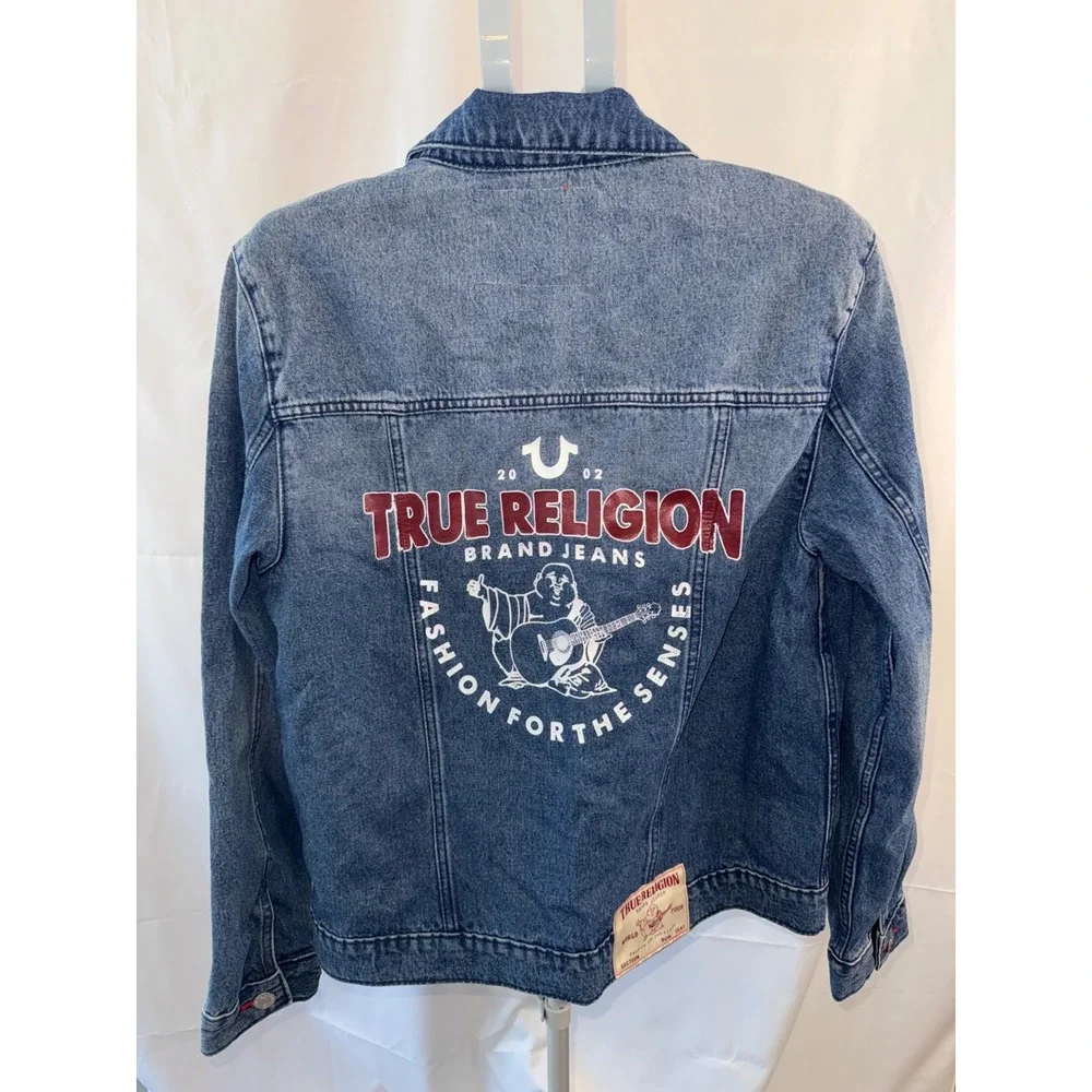 True Religion Mens Denim Trucker Jacket Blue Red Horseshoe Logo World Tour siz M